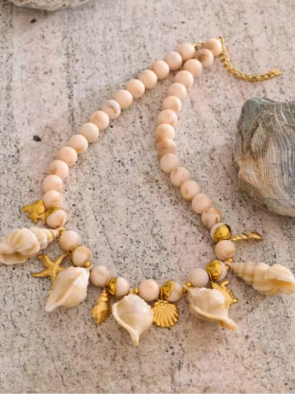 Couture Gold Cream Shell Charm Beaded Necklace - Picture 7 of 11